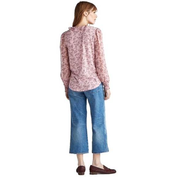 Lucky Brand pink floral Peasant Boho Mixed media V neck  ruffle blouse top SZ L - Picture 2 of 13